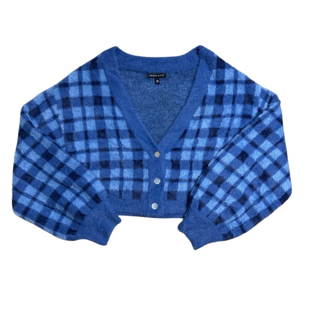 Kendall + Kylie Blue Plaid Faux Fur Cropped Cardigan Womens M